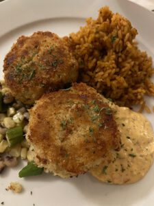 Crab Cakes with Rice and Succotash at 82 Queen in Charleston