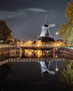 Night time windmills in Haarle in the Netherlands