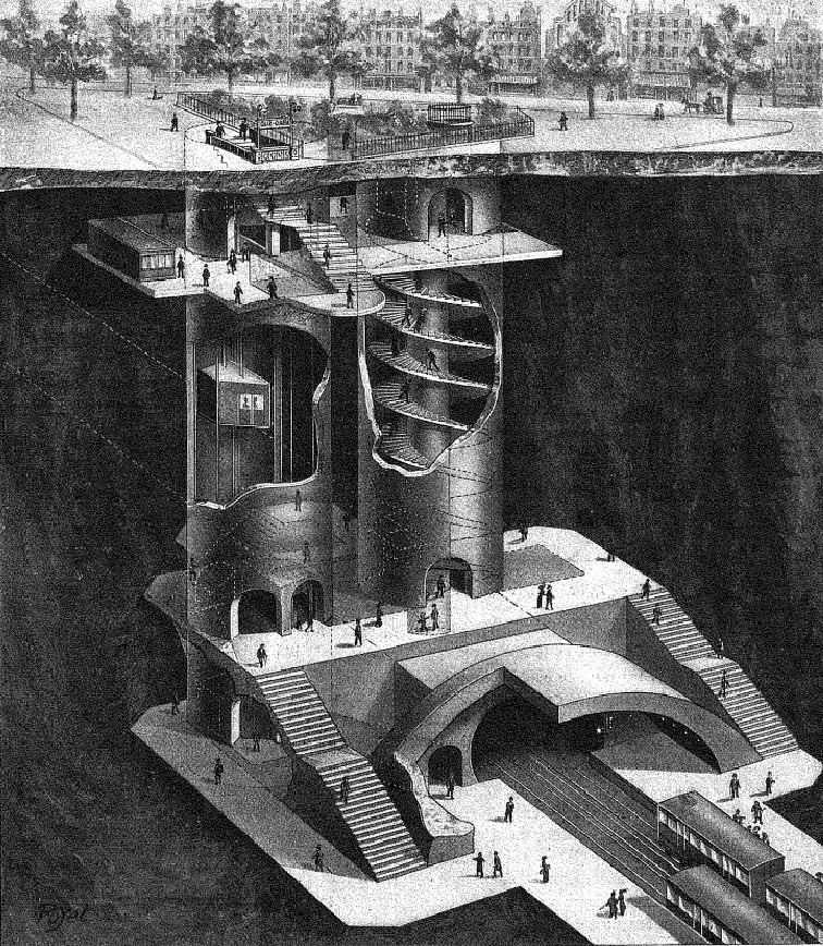 An architectural drawing of the Metro Line 12 with it's elevators and double staircase. 