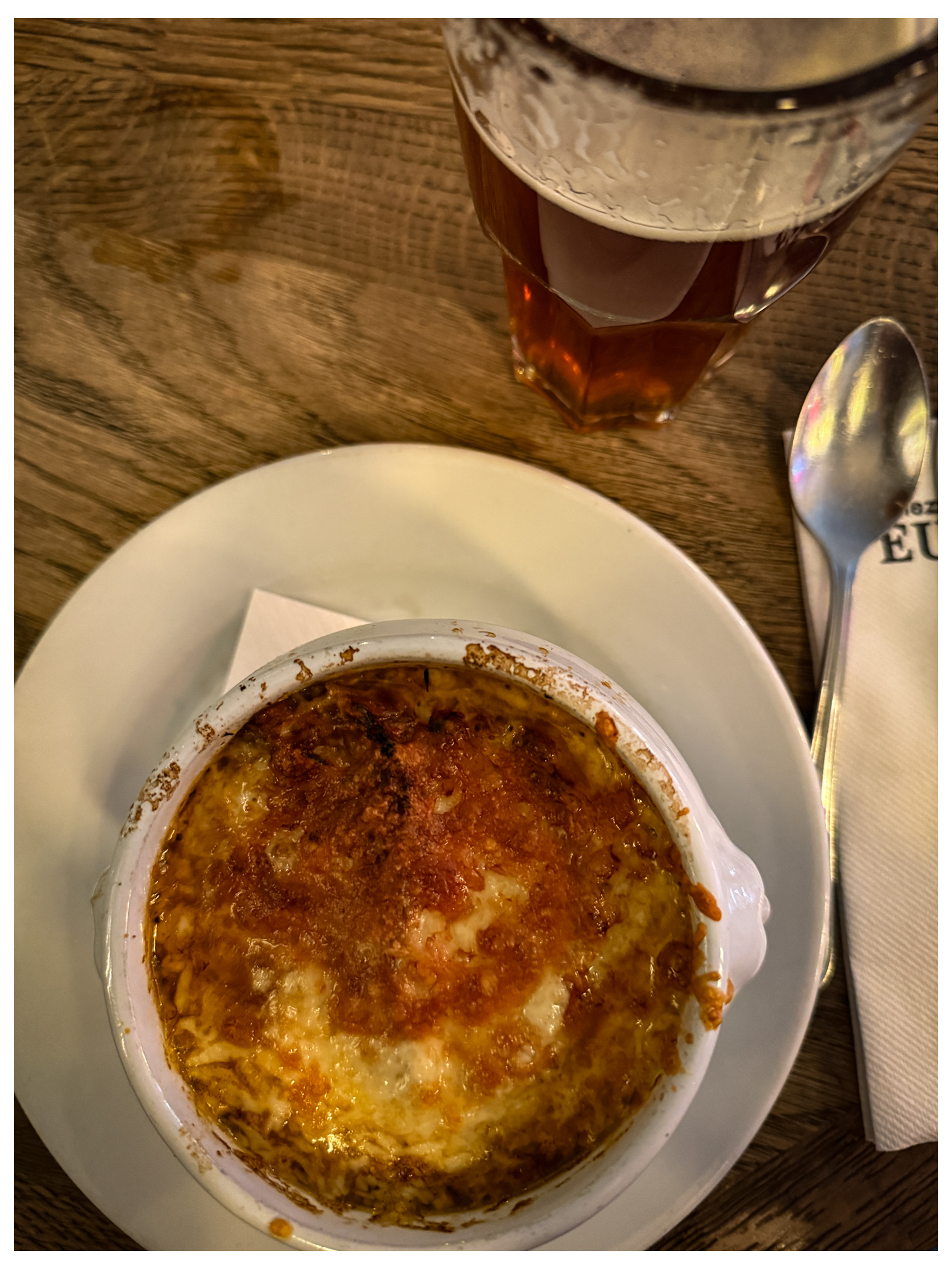 Beer and French Onion Soup at Chez Eugene